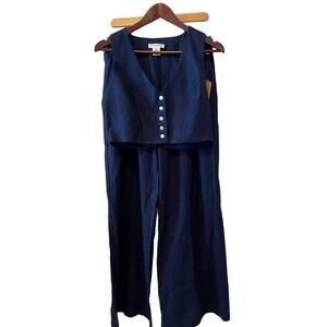 Christian Siriano Wide Leg Linen Pants & Waistcoat Vest Set Navy Blue 10
